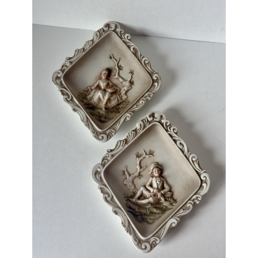 Vintage Lefton China Pair of Hand Painted Bisque Wall Plaques Boy Girl 1950's